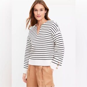 LOFT Black White Striped Cotton Split Neck Wide Sleeve Boxy Popover Sweater - XL
